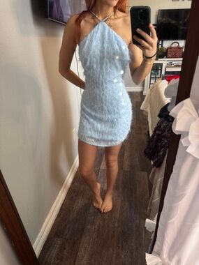 Peppermayo Pale Blue Halter Faux-Fur Mini Dress